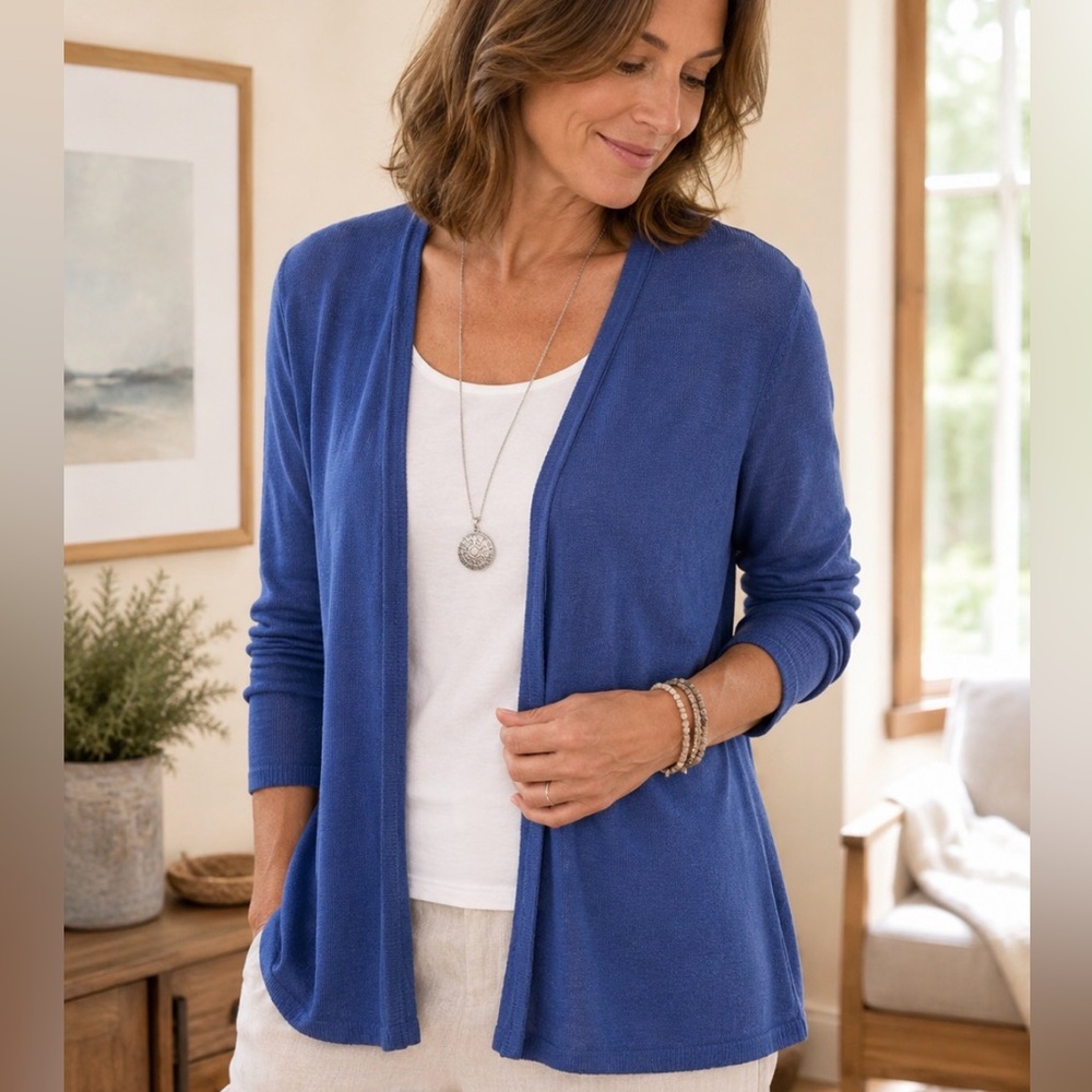 J. Jill Blue Cardigan Sweater Linen Blend Open Front Size Small Lightweight